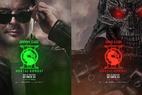 Póster promocional dividido de Mortal Kombat II: la parte izquierda muestra a Johnny Cage con gafas de sol y chaqueta de cuero con el logotipo verde; la derecha muestra el rostro amenazador de Shao Kahn con ojos rojos brillantes y el logotipo rojo.